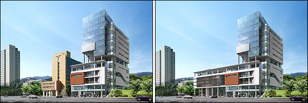 매일신문 2004년 10월 20일자(왼쪽) / 영남일보 2005년 1월 25일자에 보도된 [대구경북디자인센터 조감도]2007년 7월, 착공 3년 만에 드러난 외관은 매일신문 조감도와 비슷하다..노란색 '대구상의' 건물은 그대로 있다.