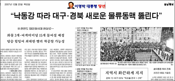 영남일보 12월 20일자 2면(이명박 대통령 당선)