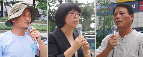 (왼쪽부터) 통일선봉대 이오식 대장, 대구여성회 김영순 회장, 전국농민회 경북도연맹 석성만 의장(사진.평화뉴스 유지웅 기자)