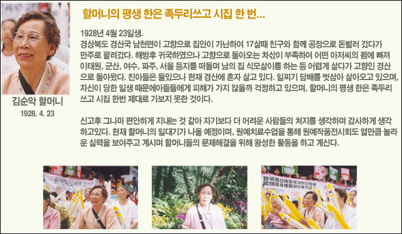 김순악 할머니 사진과 소개 글 / 정신대할머니와함께하는시민모임 홈페이지
