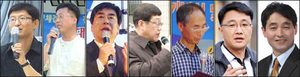 (왼쪽부터) 김두현 사무처장, 백창욱 대표, 백현국 대표, 한재흥 대표, 배용한 대표, 허영철 소장, 이병수 대구시당위원장