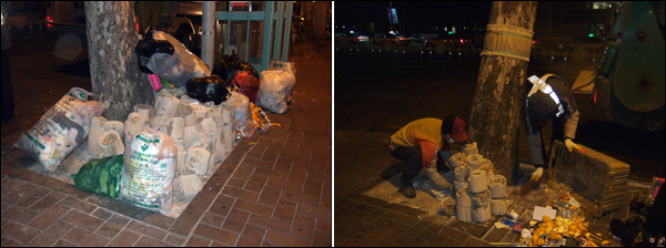 대구역 맞은편 인도에 쌓인 쓰레기더미(좌)와 금새 쓰레기더미를 치우는 환경미화원 정동환씨, 홍해용씨의 모습(우) / 사진. 평화뉴스 박광일 기자