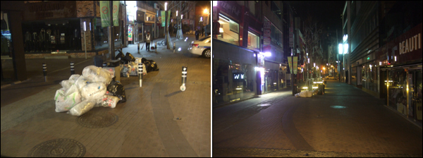 쓰레기가 쌓여있는 동성로의 모습(좌)과 환경미화원들이 지나간 뒤 깨끗해진 거리의 모습(우)