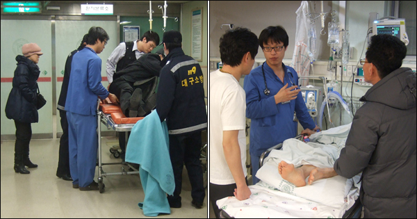 ▲  (왼쪽) 119구급차에 이송된 환자의 상태를 살피는 의사...환자의 보호자가 걱정스런 눈빛으로 바라보고 있다. (오른쪽) 보호자에게 환자의 상태를 설명하고 있는 전공의 서익권씨 / 사진. 평화뉴스 박광일 기자