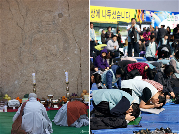 경북 의성군 '마애불 보살좌상' 앞에서 열린 '1080배 정진' 법회(2011.2.18) / 사진. 정수근