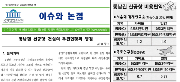 (왼쪽) 국회입법조사처 '이슈와 논점' 196호(2011.2.9) / <부산일보> 2011년 1월 24일자