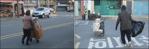 아침 6시 30분쯤 대구역 뒤편에서 폐지가 실린 손수레를 끌고가는 김 할머니(왼쪽)와 아침 7시 30분쯤 동인동 주택가에서 비닐봉투에 담긴 폐지를 손수레에 싣고 있는 한 70대 할머니(오른쪽) / 사진. 평화뉴스 박광일 기자