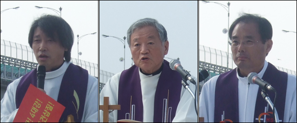 (왼쪽부터) '4대강 사업 저지를 위한 천주교 연대' 조해붕(서울대교구) 상임대표, 천주교 대구대교구 허연구 원로사제, 김영호 사목국장 (정의평화위원회 위원장) / 사진. 평화뉴스 박광일 기자