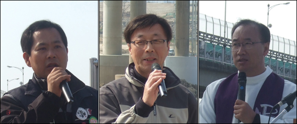 (왼쪽부터) 대구경북골재원노조 문수진 사무국장, '습지와 새들의 친구' 김경철 사무국장, '4대강 사업 저지를 위한 천주교 연대' 서상진 집행위원장 (수원교구) / 사진. 평화뉴스 박광일 기자