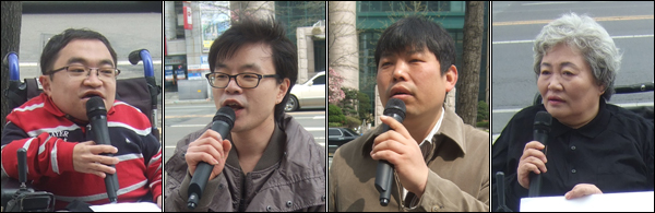 (왼쪽부터) 기자회견문을 낭독한 맥장애인자립자활센터 서준호 소장, 함께하는장애인부모회 정박상문 사무국장, 인권운동연대 서창호 상임활동가, 장애인지역공동체 박명애 대표 / 사진. 평화뉴스 박광일 기자
