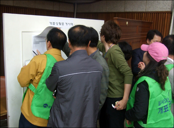 각 투표함 별 중간집계 상황을 살펴보고 있는 참관인들. 참관인들은 중간집계 상황을 일일히 더해 관람석에 앉아있는 관람인들에게 전달했다 / 사진. 평화뉴스 박광일 기자