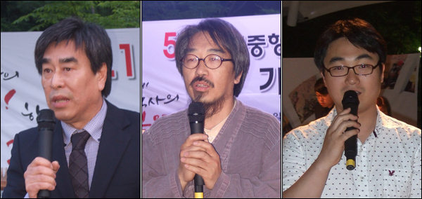 (왼쪽부터) 5.18구속부장자회대구경북지부 백현국 지부장, 대구시민단체연대회의 최수환 공동대표, 사회를 맡은 '함께하는 대구청년회' 강종환 대표 / 사진. 평화뉴스 박광일 기자