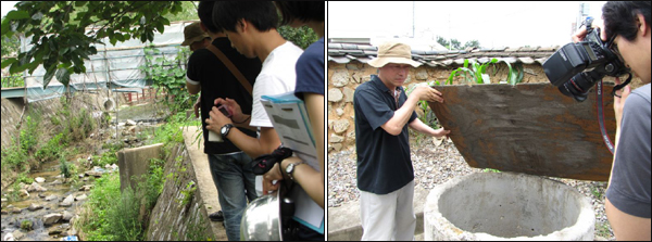 민간조사단이 캠프캐럴 정문 옆을 흐르는 하천에서 토양을(사진 왼쪽), 왜관리에서 지하수를 음용하고 있는 가구의 물을 채취하는 모습 / 사진 제공. 대구환경운동연합
