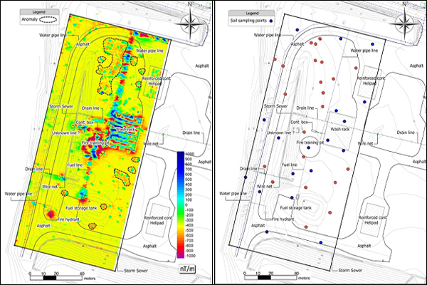 (왼쪽) 한미공동조사단의 자력탐사 결과. 붉은색과 푸른색이 혼합돼 나타난 지역이 금속반응을 보인 부분이다. 이 가운데 중앙부분과 우측부분은 소방훈련지역과 자동차 바퀴세척지역이며, 위 아래 직선으로 나타난 부분은 수도관로가 매설된 지역이다. 그 외 점선부분에 금속성 물질이 묻힌 것으로 추정된다. (오른쪽) 지구물리탐사 결과에 따라 토양 시추 위치를 나타낸 지도 / 자료. 한미공동조사단