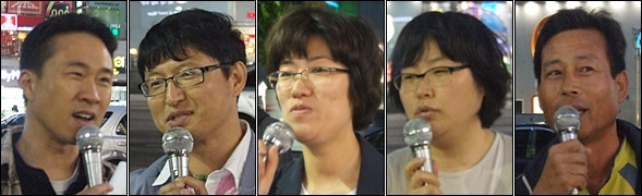 대구경북진보연대 김선우 집행위원장, 대구시민단체연대회의 김두현 운영위원장, 통합진보당 대구시당 남명선 공동위원장, icoop 대구생활협동조합 권숙례 이사장, 성주에서 참외농사를 하는 이재동씨(2012.5.2 대구 한일극장 앞) / 사진. 평화뉴스 김영화 기자