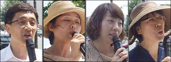 (왼쪽부터)육성완 대구DPI 대표, 이은주 힐링드라마아트센터 대표,  진냥(별칭) 청소년 인권행동 아수나로 활동가(2012.7.31.대구인권사무소 앞) / 사진. 평화뉴스 김영화 기자