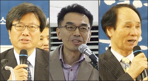 (왼쪽부터) 김형기(경북대 경제통상학부 교수) 대구경북 진심포럼 상임대표,'진심캠프' 하승찬 대외협력실장, 유연창(대구 봉산성결교회 원로목사) 대구경북 진심포럼 고문(2012.10.23) / 사진. 평화뉴스 김영화 기자