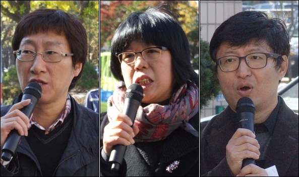 (왼쪽부터) 은재식 우리복지시민연합 사무처장, 김영숙 대구시민단체연대회의 공동대표, 김두현 대구시민단체연대회의 운영위원장(2012.11.2) / 사진. 평화뉴스 김영화 기자