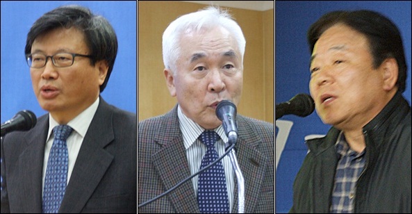 김형기(경북대 경제통상학부 교수) 대구경북진심포럼 상임대표, 정환묵(전 대구가톨릭대 부총장) 안철수 진심캠프 국정자문위원, 이정인(전 대구전략산업기획단장) 대구경북진심포럼 공동대표(2012.11.22) / 사진. 평화뉴스 김영화 기자