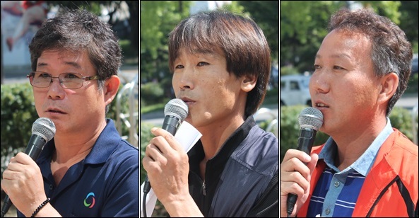 (왼쪽부터)한쌍태 공공운수노조 대구염색관리공단지부장, 권성화 민주노총 포항지부 부지부장, 조창수 경북지역일반노조 위원장(2013.9.4.대구지방고용노동청 앞) / 사진. 평화뉴스 김영화 기자