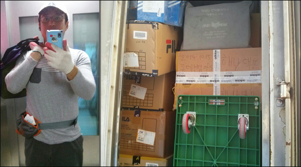 '택배' 일을 하는 황순규 전 대구시당위원장과 2.5톤 트럭에 가득 실린 배달 물품 / 사진. 황순규