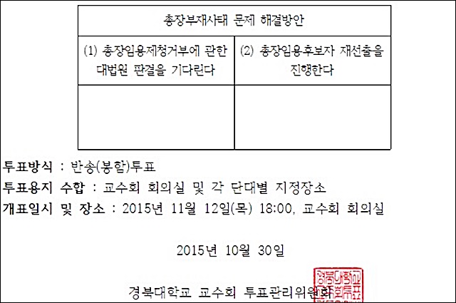 '경북대 총장부재 사태 문제 해결방안' 투표 용지 / 자료.경북대 교수회 홈페이지