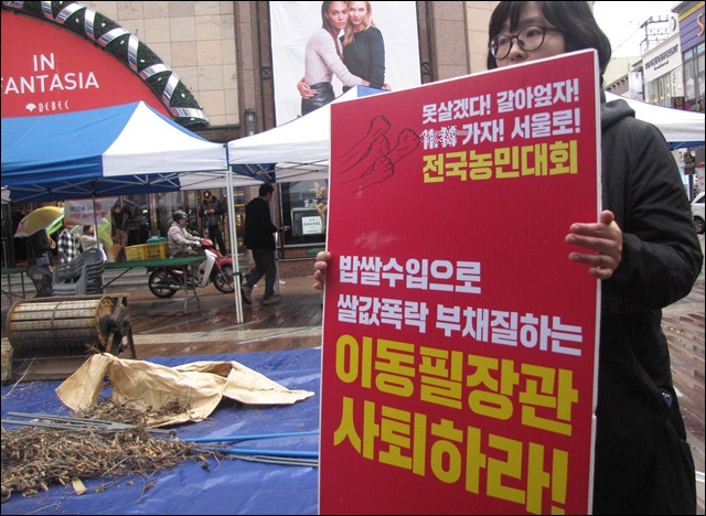 '밥쌀수입으로 쌀값폭락' 피켓을 든 한 농민(2015.11.18) / 사진.평화뉴스 김영화 기자
