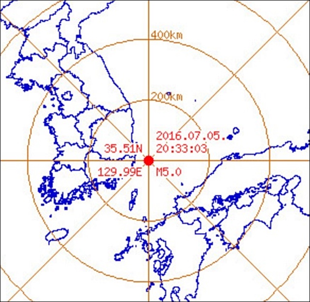 5일 저녁 8시 33분 경북 울산 해역에서 규모 5.0의 지진이 발생했다 / 자료 출처.기상청