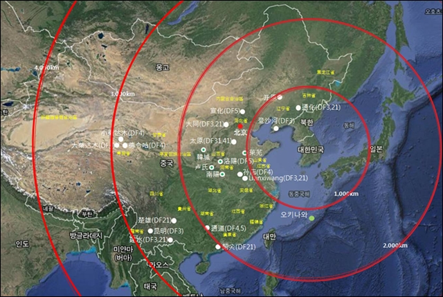 사드 사거리(2,000~5,000km) 내에 포함된 중국 본토에 배치된 ICBM(대륙간 탄도미사일) / 사진 출처. 고영대 연구위원 강연자료