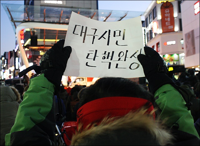 시국대회에서 '대구시민 탄핵완성' 피켓을 든 한 시민(2017.2.18) / 사진.평화뉴스 김영화 기자