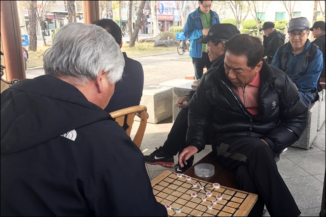월배공원에서 장기를 두는 어르신들(2017.4.4) / 사진.평화뉴스 김지연 기자