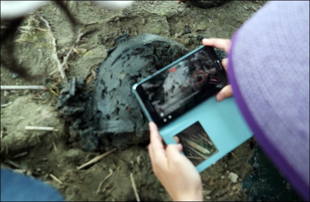 강 바닥에서 퍼올린 진흙더미에서 발견된 실지렁이를 사진찍고 있다(2017.6.13) / 사진.평화뉴스 김지연 기자