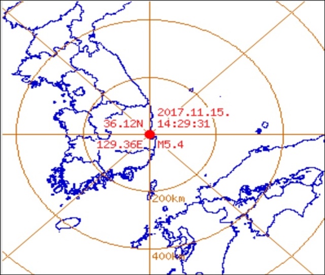 15일 오후 2시 29분 31초 경북 포항시 북구 북쪽 9km 규모 5.4 지진 / 자료 제공.기상청