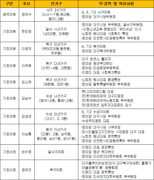 정의당 대구시당 출마자 현황(대구시의원 비례-미정) / 자료 제공. 정의당 대구시당
