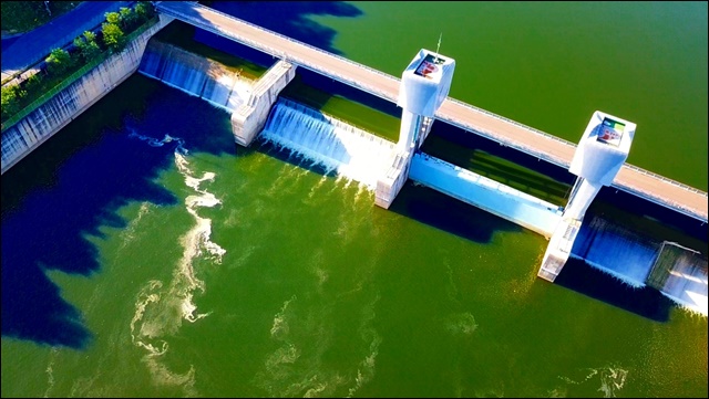 4대강사업 낙동강 구간 대구 달성보가 녹조로 물들었다(2018.8.1) / 사진.대구환경운동연합 드론 촬영