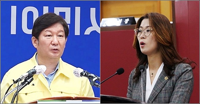 (왼쪽부터)권영진 대구시장과 이진련 민주당 대구시의원 / 사진 출처.대구시, 대구시의회