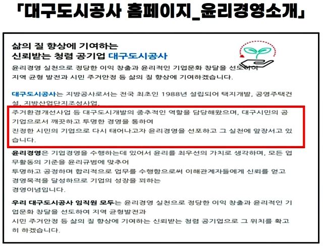 대구도시공사 홈페이지에 나온 '윤리경영' 소개글 / 자료.민주당 이해식 의원실