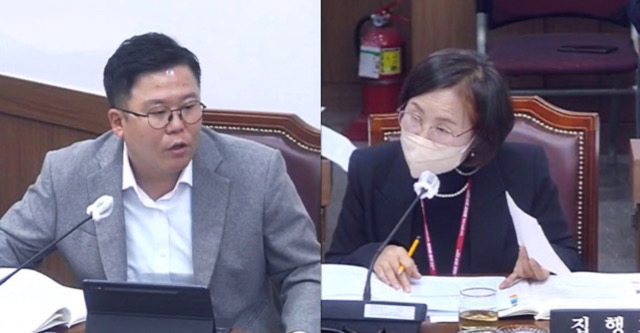 국민의힘 김태우 의원이 고복실 대구보건환경원장에게 질의를 하고 있다.(2022.11.10) / 사진.대구시의회