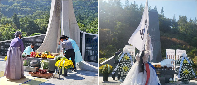 (사진 외쪽) 10월항쟁 76주기 위령제(2022.10.1.달성군 가창면 위령탑 / 경산코발트광산 민간인희생자 제72주기 합동위령제(2022.10.28. 경산시 평산동 코발트광산 민간인 희생자 위령탑) / 사진. 평화뉴스 정준민 인턴기자