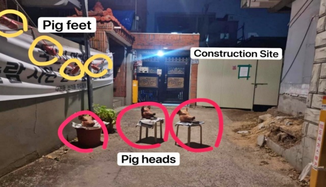 이슬람사원 공사장 앞에 주민들이 설치한 돼지족발과 돼지머리들 / 사진.시민대책위