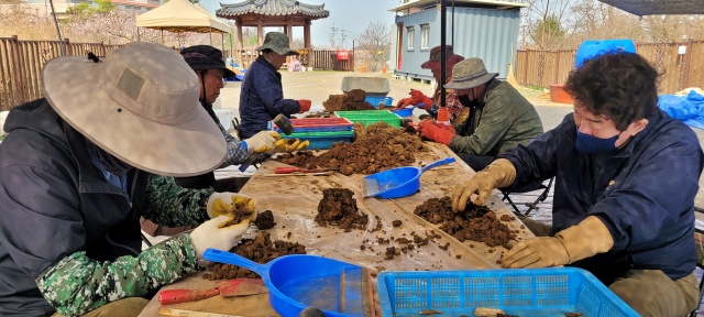 흙더미에서 민간인 학살 희생자들의 뼈를 찾아내고 있다.(2023.3.30) / 사진.경산코발트유족회