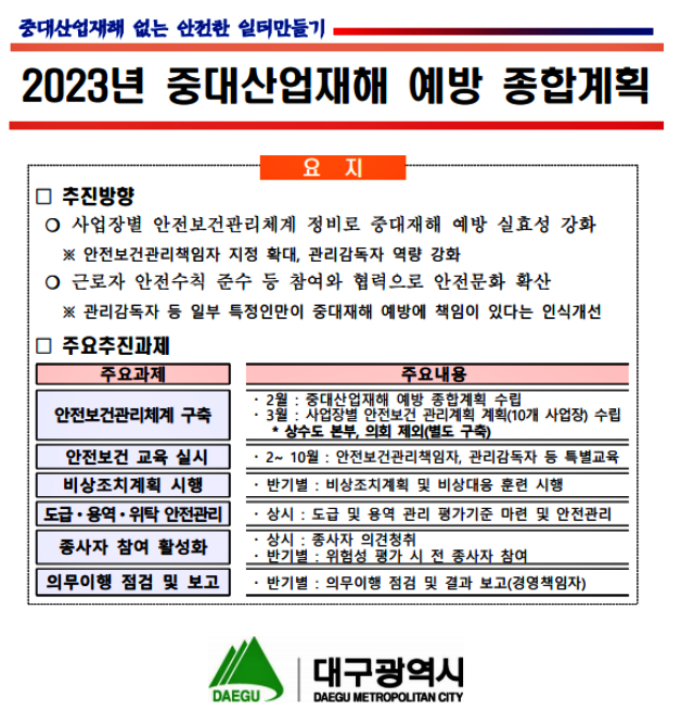 대구시 '2023년 중대산업재해 예방 종합계획서' / 자료 출처.대구시