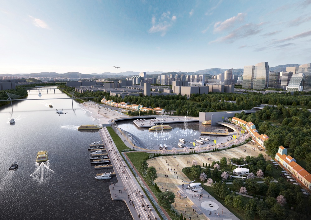 금호강 물길에 떠다니는 유람선, K-2 후적지 개발 조감도 / 자료.대구시