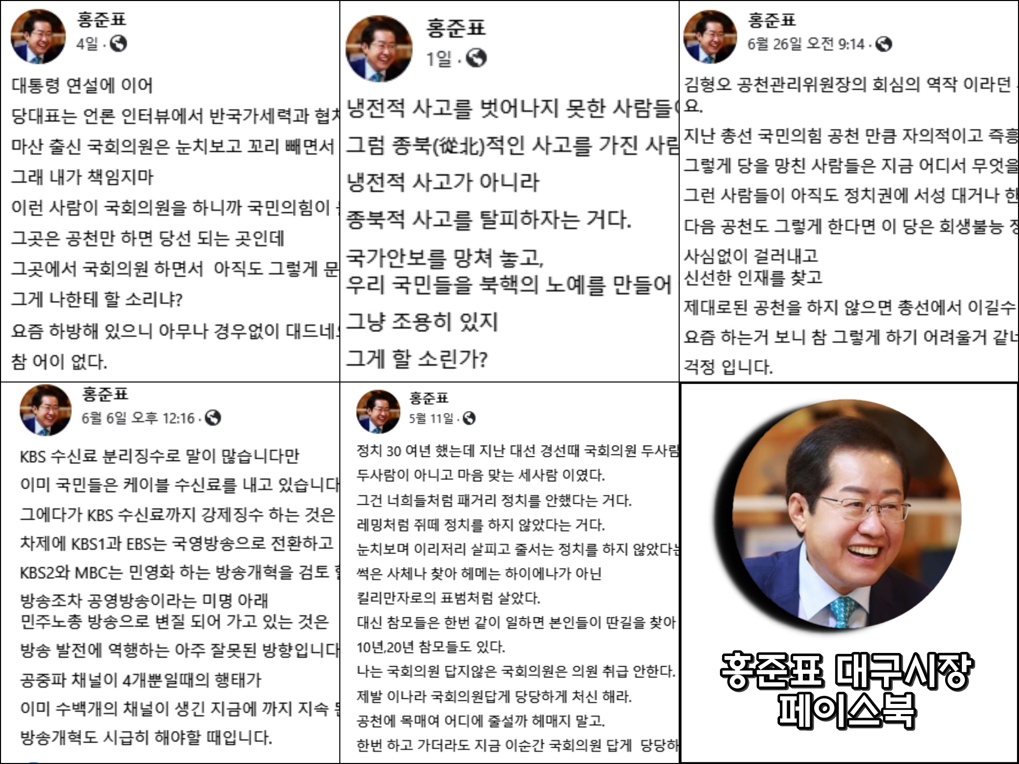 홍준표 대구시장의 지난 1년 페이스북 중 중앙정치 관련 게시글 / 사진.화면 캡쳐