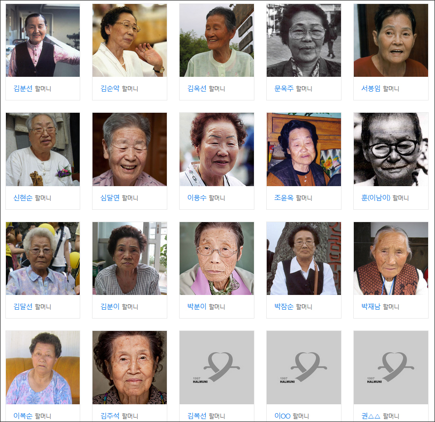 대구경북지역의 '일본군 위안부' 피해자....현재 생존자는 이용수(95.대구) 할머니와 박필근(95.경북 포항) 할머니 2명뿐이다. / 사진 출처. '(사)정신대할머니와 함께하는 시민모임' 홈페이지