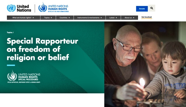 유엔 특별보고관 종교와 믿음의 자유에 관한 홈페이지 화면 캡쳐