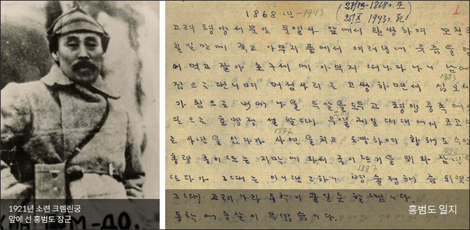 1921년 소련 크램린궁 앞에 선 홍범도 장군과 홍범도 일지 / 사진 출처. 홍범도장군기념사업회