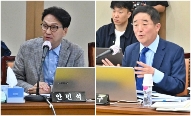 (왼쪽부터) 안민석 민주당 의원, 강득구 민주당 의원 (2023.10.17) / 사진 평화뉴스 정준민 기자