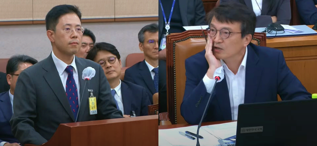 (왼쪽부터) 손준성 대구고검 차장검사, 김의겸 민주당 의원(2023.10.20) / 사진. 국회 생중계