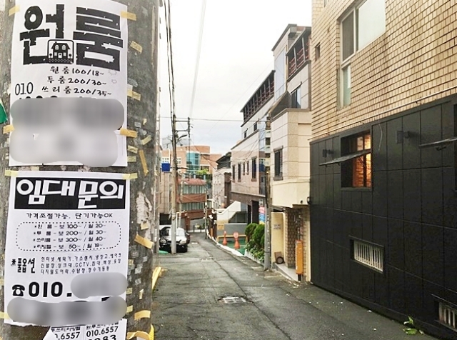 경북대 인근 원룸촌 전봇대에 세입자를 구하는 부동산 광고가 붙었다. / 사진. 평화뉴스 김영화 기자